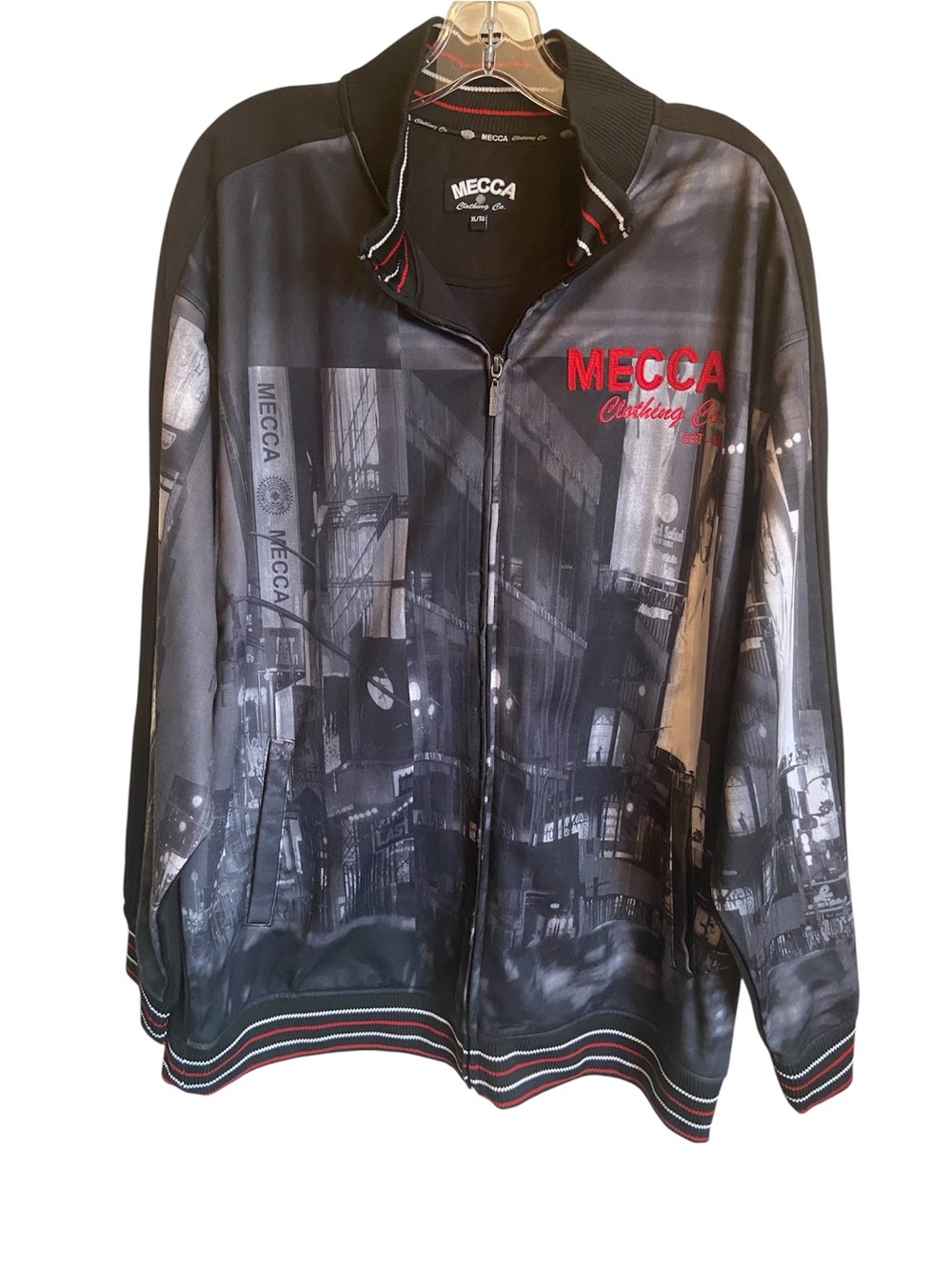 MECCA Clothing Co. Men Y2K Full Zip Track Jacket City Print Embroidered Logo XL